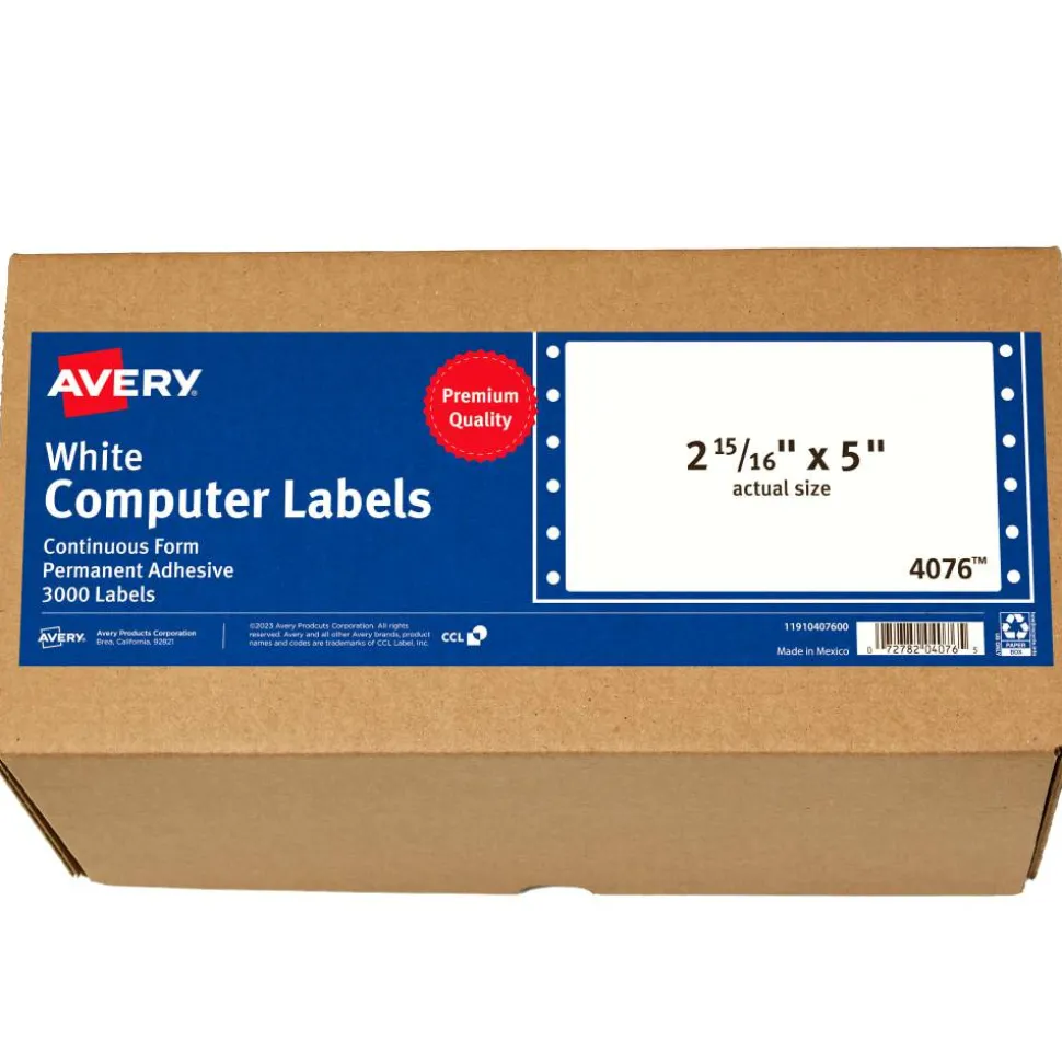 Avery Continuous Form Permanent Address Labels, 4076, Rectangle, 5" x 2 15/16", White, Box Of 3,000