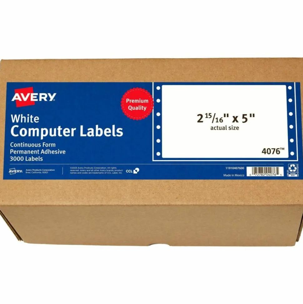 Avery Continuous Form Permanent Address Labels, 4076, Rectangle, 5" x 2 15/16", White, Box Of 3,000
