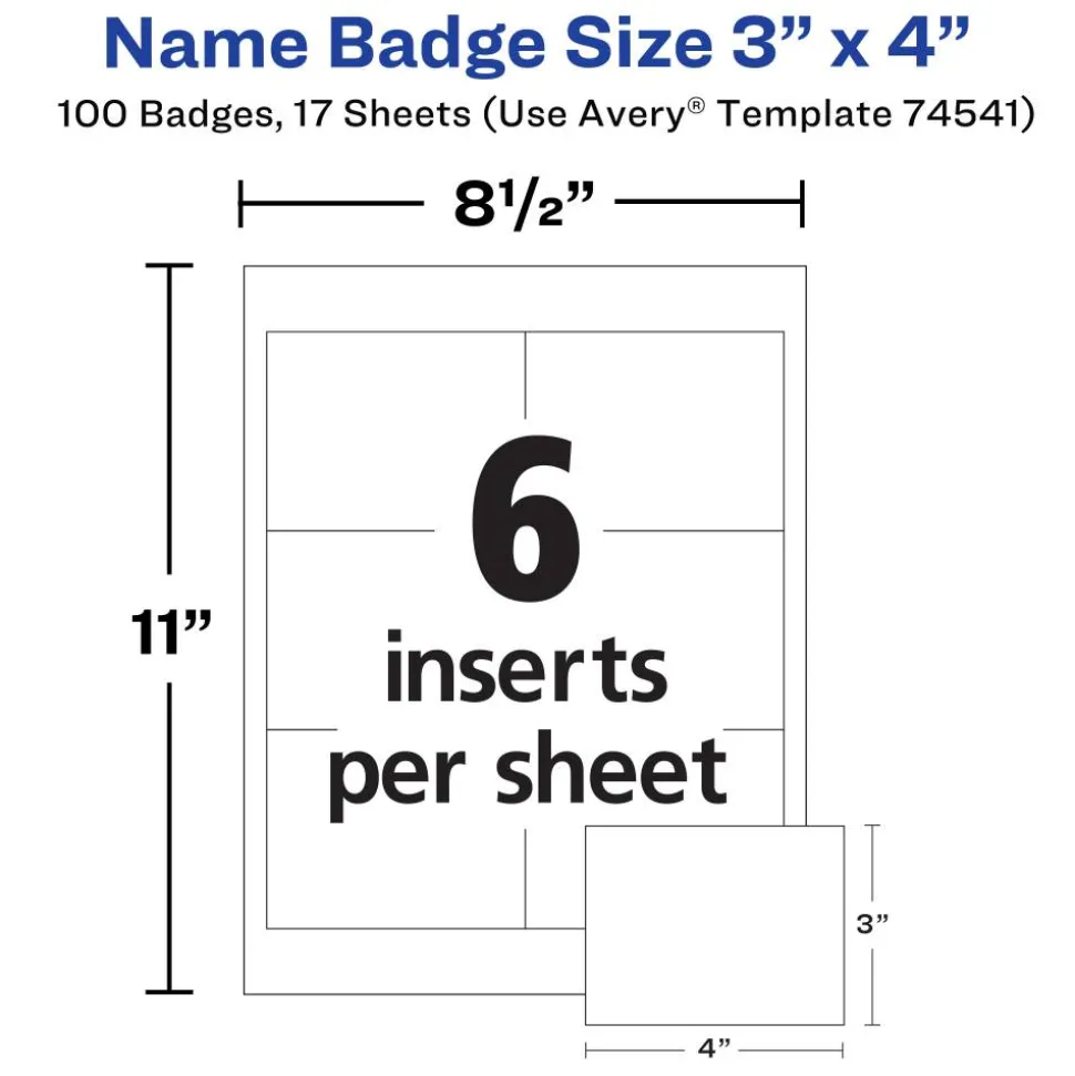 Avery Customizable Name Badges With Clips, Rectangle, 74541, 3" x 4", Clear Holders With White Inserts, 100 Badges