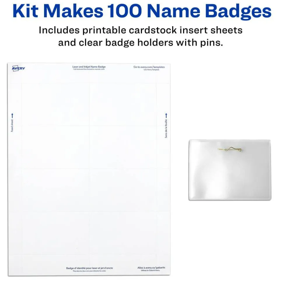 Avery Customizable Name Badges With Pins, 74549, 2-1/4" x 3-1/2", Clear Name Tag Holders With White Printable Inserts, Pack of 100
