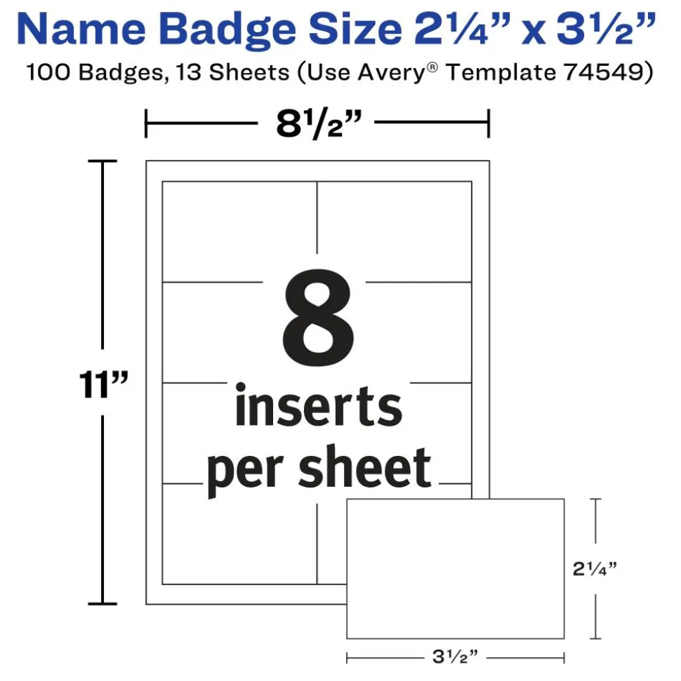 Avery Customizable Name Badges With Pins, 74549, 2-1/4" x 3-1/2", Clear Name Tag Holders With White Printable Inserts, Pack of 100