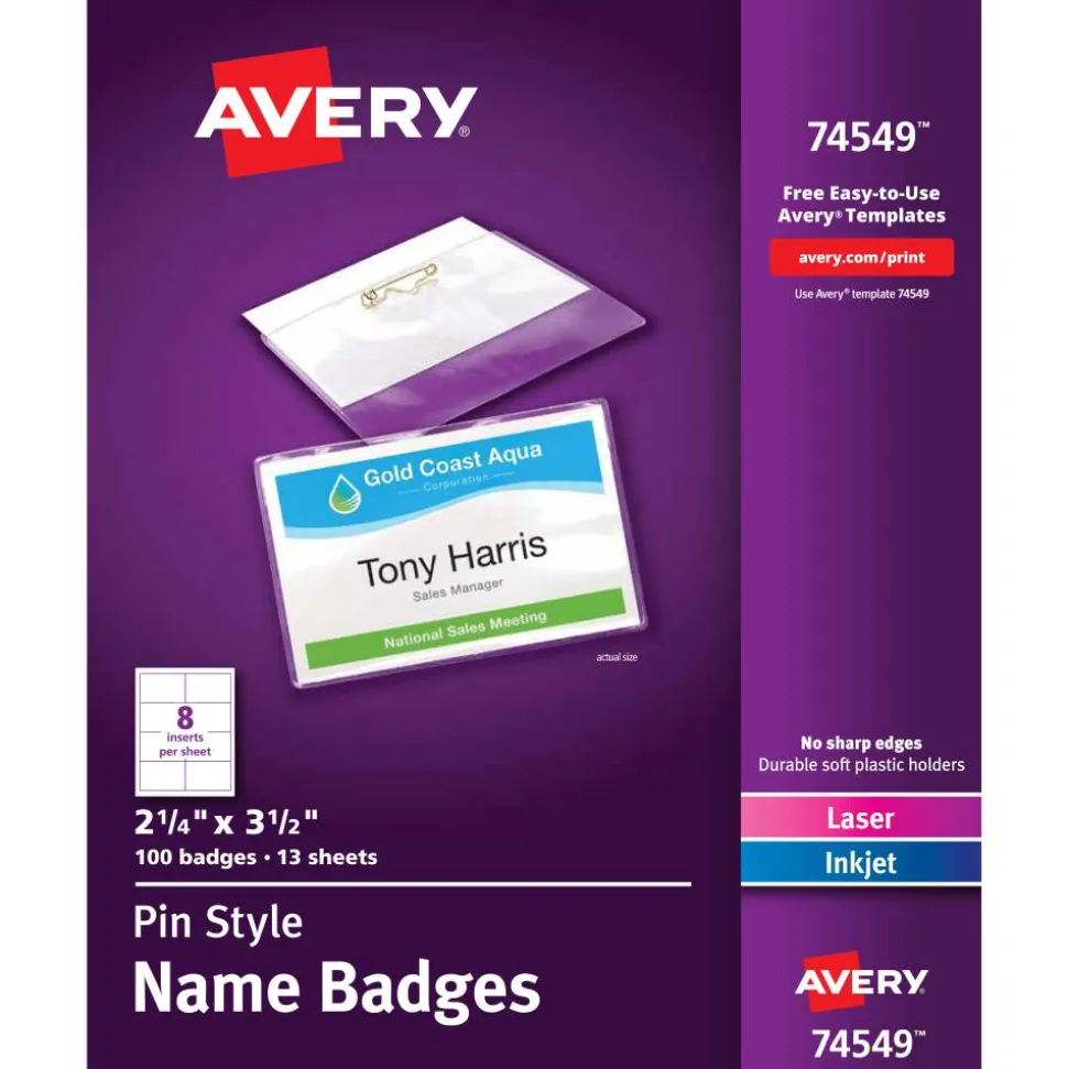 Avery Customizable Name Badges With Pins, 74549, 2-1/4" x 3-1/2", Clear Name Tag Holders With White Printable Inserts, Pack of 100