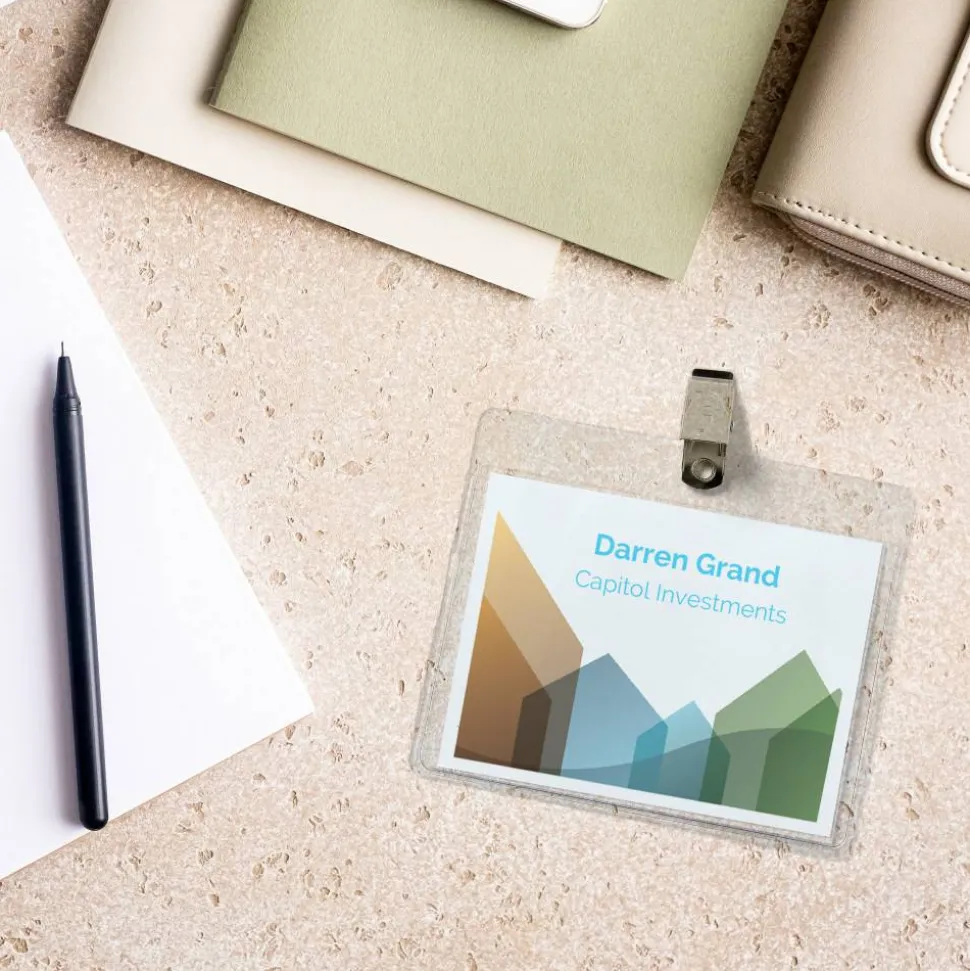 Avery Customizable Name Badges With Clips, Rectangle, 74536, 3" x 4", Clear Holders With White Inserts, Box Of 50