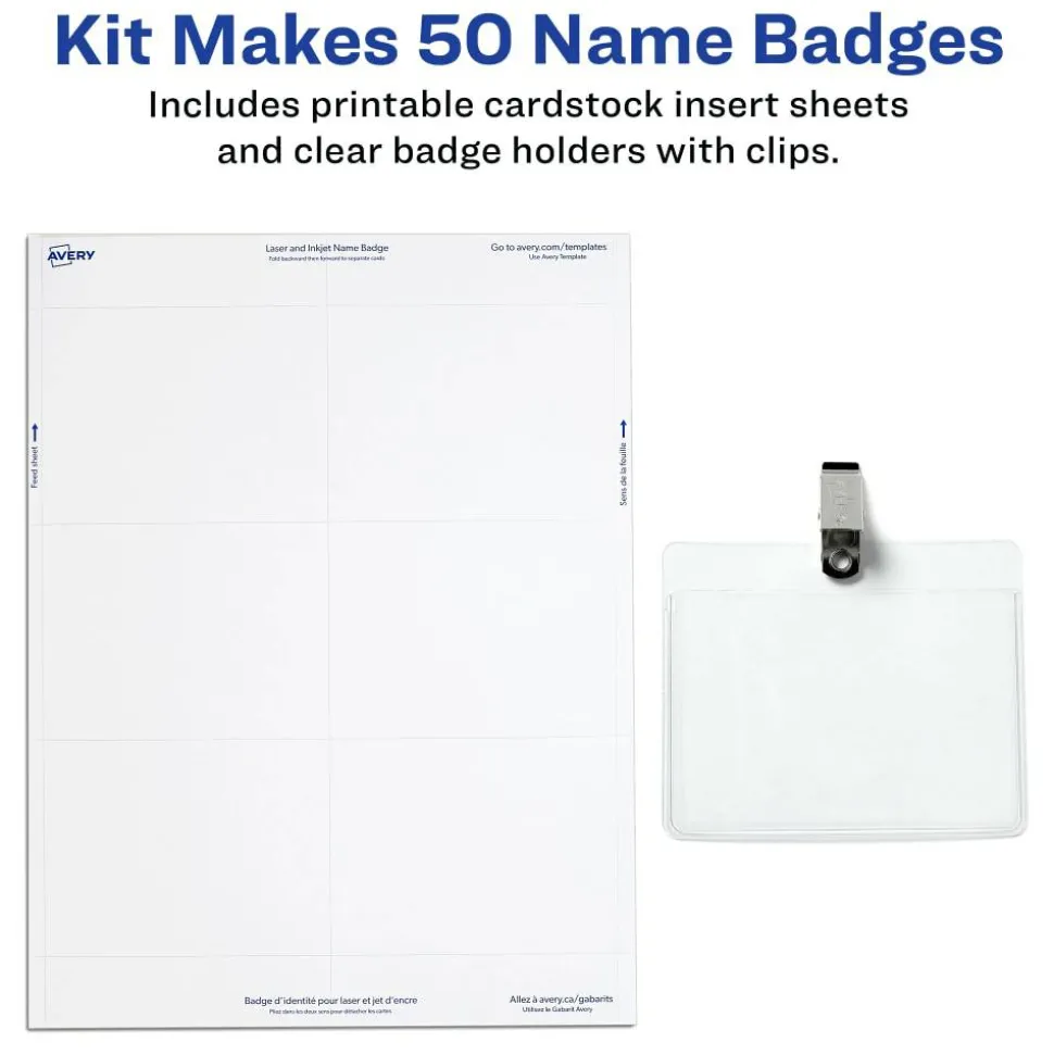Avery Customizable Name Badges With Clips, Rectangle, 74536, 3" x 4", Clear Holders With White Inserts, Box Of 50