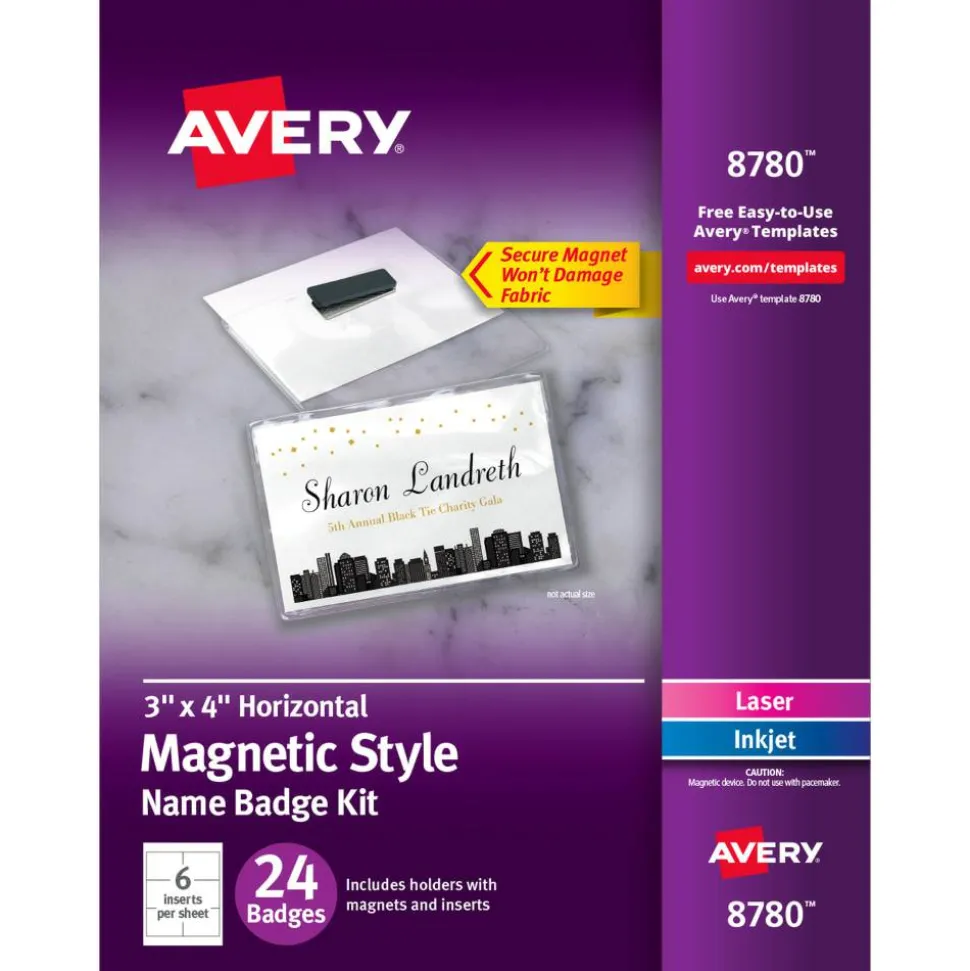 Avery Customizable Name Badges With Magnets, Rectangle, 8780, 3" x 4", White, Pack Of 24
