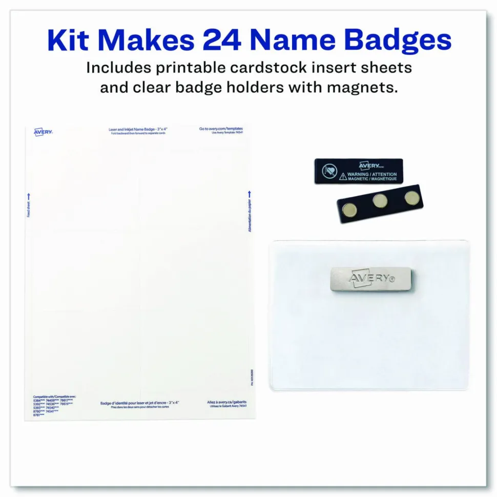 Avery Customizable Name Badges With Magnets, Rectangle, 8780, 3" x 4", White, Pack Of 24