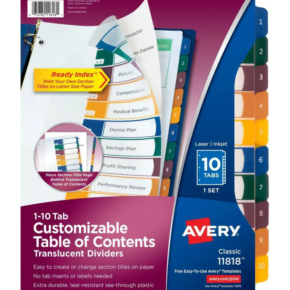 Avery Customizable Table of Contents Ready Index Dividers with Multicolor Tabs, 10-Tab, 1 to 10, 11 x 8.5, Translucent, 1 Set