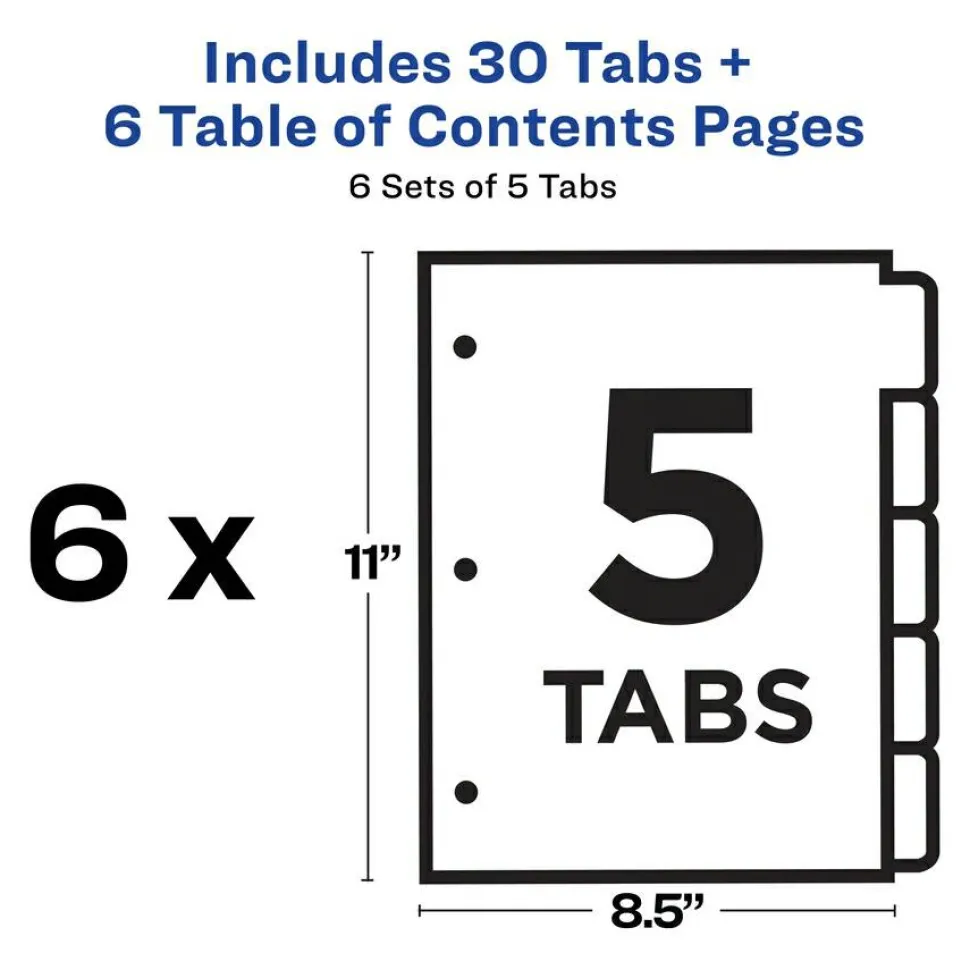 Avery Customizable Table of Contents Ready Index Black and White Dividers, 5-Tab, 1 to 5, 11 x 8.5, White, 6 Sets