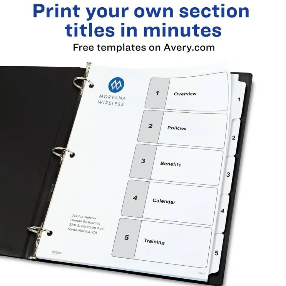 Avery Customizable Table of Contents Ready Index Black and White Dividers, 5-Tab, 1 to 5, 11 x 8.5, White, 6 Sets