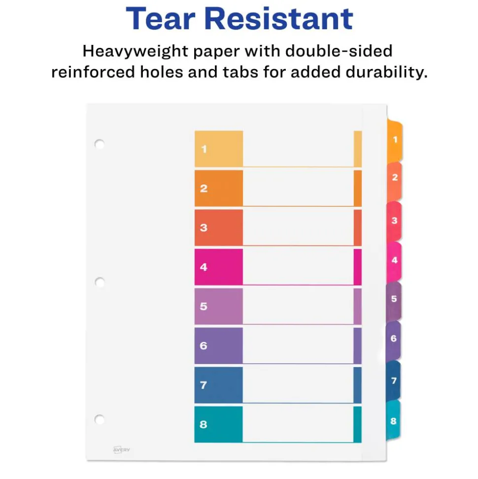 Avery Customizable TOC Ready Index Multicolor Tab Dividers, Extra Wide Tabs, 8-Tab, 1 to 8, 11 x 9.25, White, 1 Set