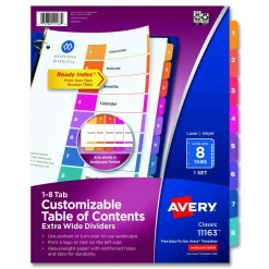 Avery Customizable TOC Ready Index Multicolor Tab Dividers, Extra Wide Tabs, 8-Tab, 1 to 8, 11 x 9.25, White, 1 Set