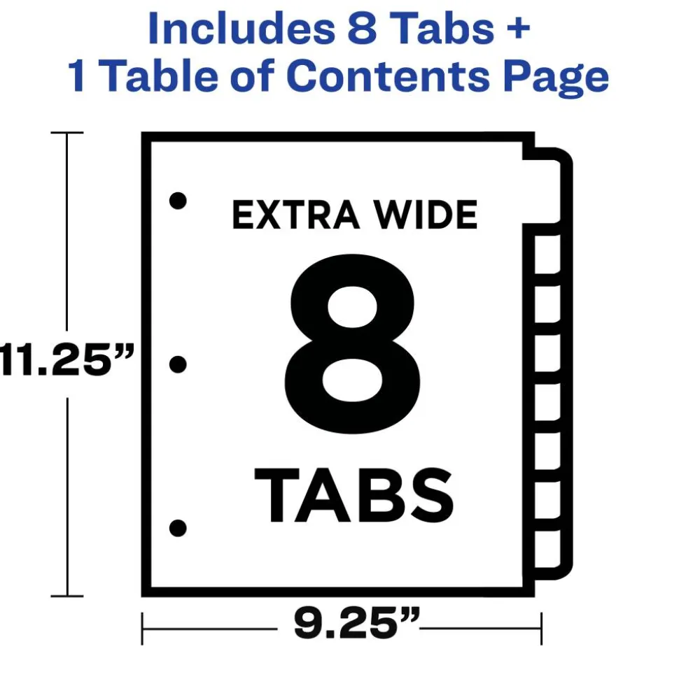 Avery Customizable TOC Ready Index Multicolor Tab Dividers, Extra Wide Tabs, 8-Tab, 1 to 8, 11 x 9.25, White, 1 Set