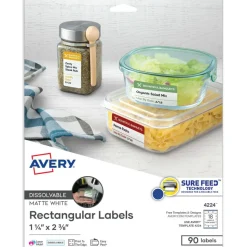 Avery Dissolvable Labels, 4224, Rectangle, 1 1/4" x 2 3/8", White, Pack Of 90