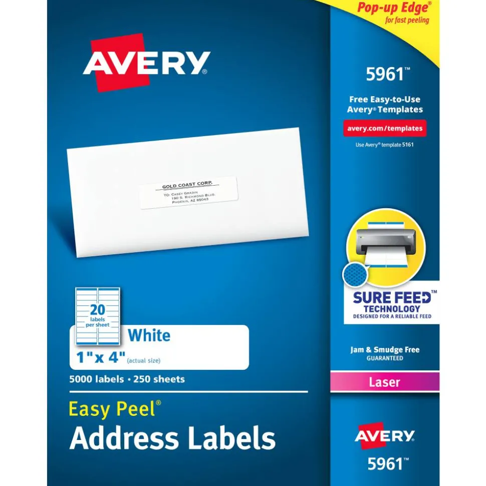 Avery Easy Peel Address Labels With Sure Feed Technology, 5961, Rectangle, 1" x 4", Matte White, Box Of 5,000