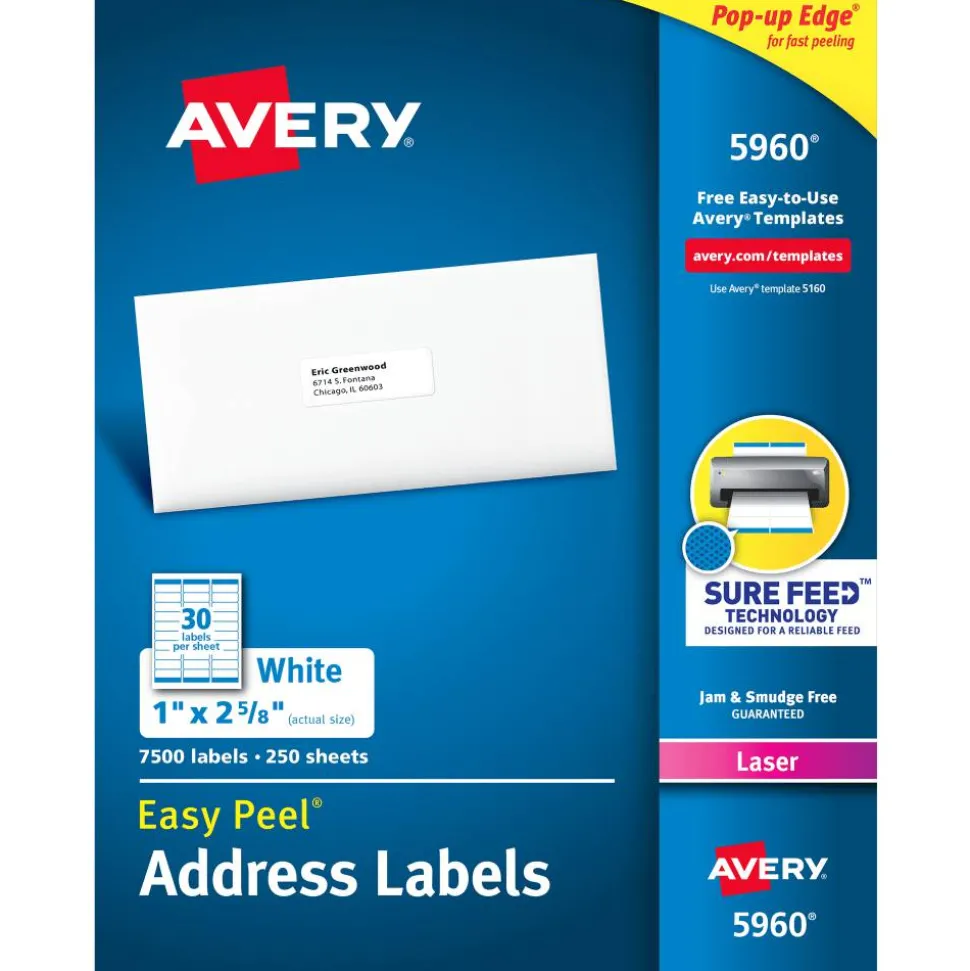 Avery Easy Peel Address Labels With Sure Feed Technology, 5960, Rectangle, 1" x 2-5/8", Matte White, Box Of 7,500
