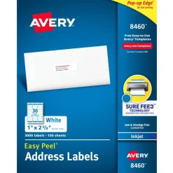 Avery Easy Peel Address Labels With Sure Feed Technology, 8460, Rectangle, 1" x 2-5/8", Matte White, Box Of 3,000