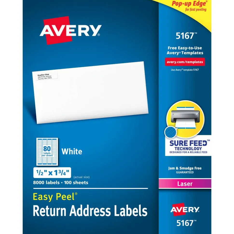 Avery Easy Peel Address Labels With Sure Feed Technology, 5167, Rectangle, 1/2" x 1-3/4", Matte White, Box Of 8,000
