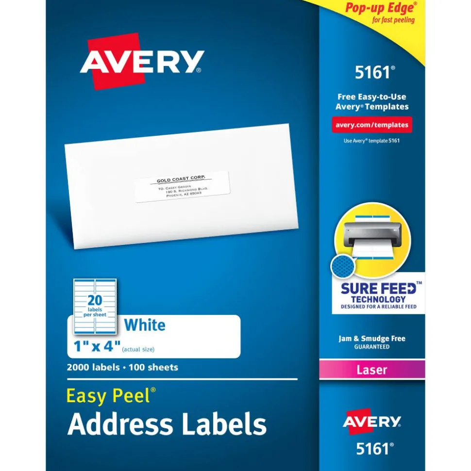 Avery Easy Peel Address Labels With Sure Feed Technology, 5161, Rectangle, 1" x 4", Matte White, Box Of 2,000