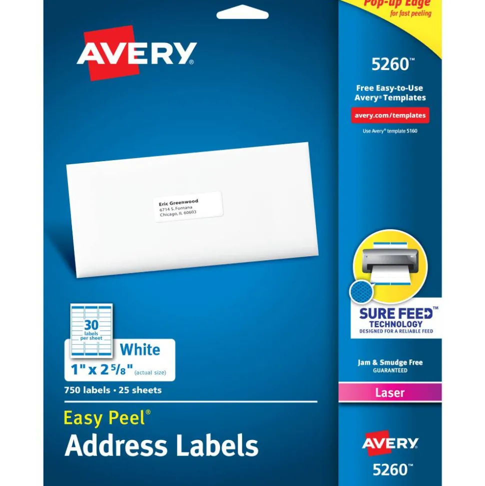 Avery Easy Peel Address Labels With Sure Feed Technology, 5260, Rectangle, 1" x 2-5/8", Matte White, Pack Of 750