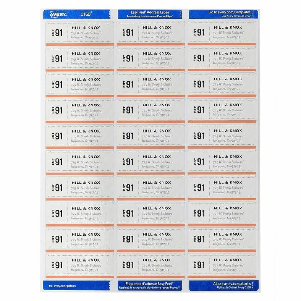 Avery Easy Peel Address Labels With Sure Feed Technology, 5160, Rectangle, 1" x 2-5/8", Matte White, Box Of 3,000