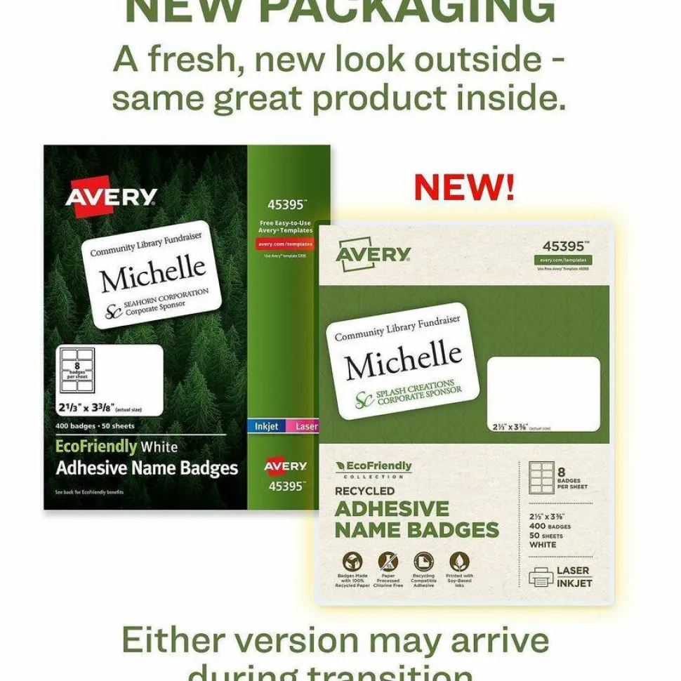 Avery EcoFriendly 100% Recycled Name Badges, 2 1/3" x 3 3/8", White, Pack Of 400