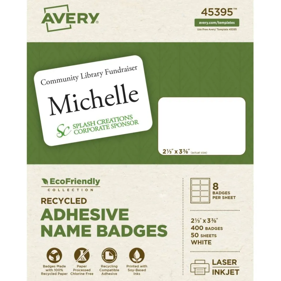 Avery EcoFriendly 100% Recycled Name Badges, 2 1/3" x 3 3/8", White, Pack Of 400