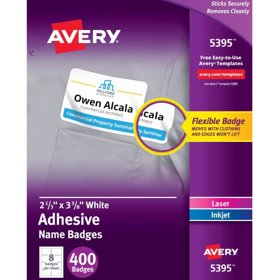 Avery Flexible Name Badge Labels, 5395, 2 1/3" x 3 3/8", White, Box Of 400