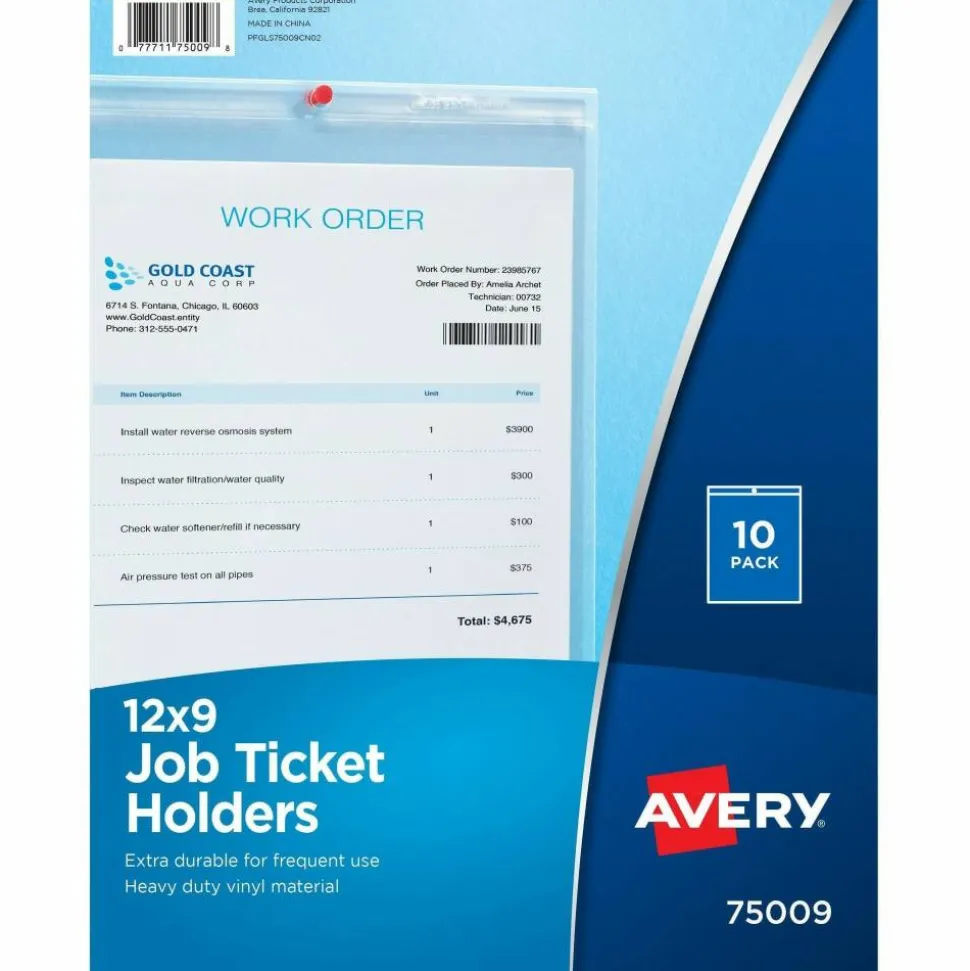 Avery Heavyweight Clear Job Ticket Holder, Top Load 9 x 12 Insert, Clear Front, 10/Pack