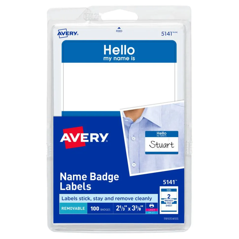 Avery "Hello My Name Is" Name Tags, 05141, 2-1/3" x 3-3/8", White With Blue Border, 100 Removable Name Badges