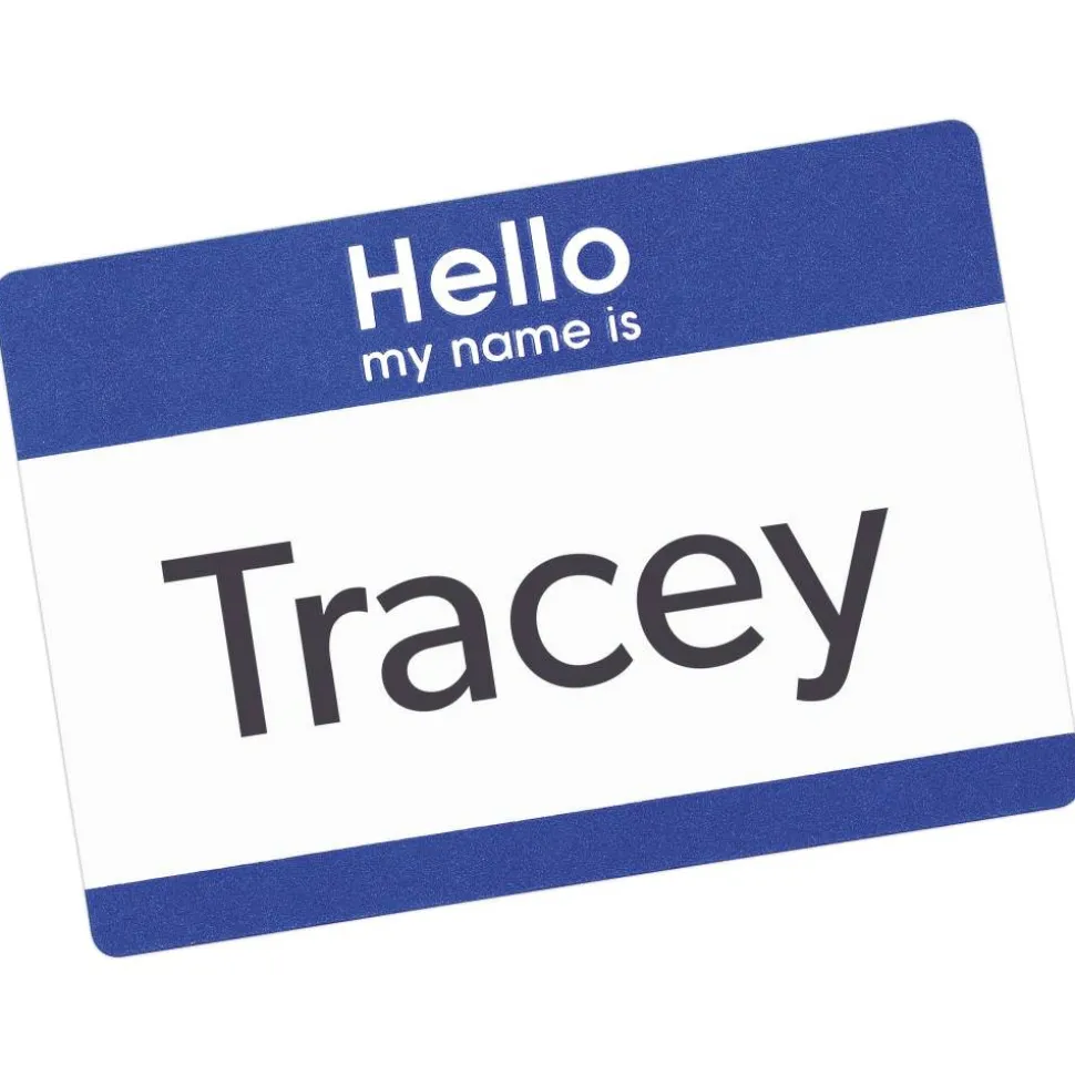 Avery "Hello My Name Is" Name Tags, 05141, 2-1/3" x 3-3/8", White With Blue Border, 100 Removable Name Badges