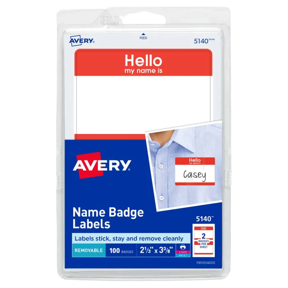 Avery "Hello My Name Is" Name Tags, 05140, 2-1/3" x 3-3/8", White With Red Border, 100 Removable Name Badges