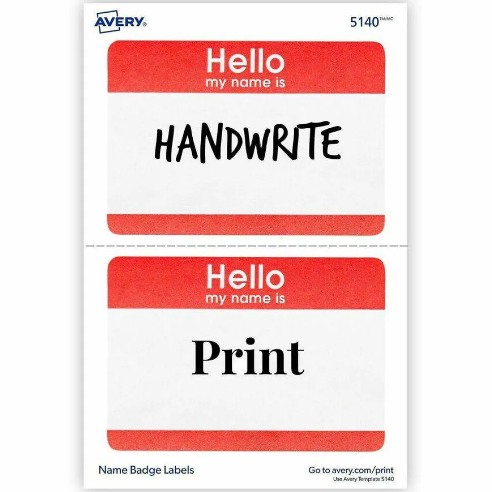 Avery "Hello My Name Is" Name Tags, 05140, 2-1/3" x 3-3/8", White With Red Border, 100 Removable Name Badges