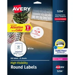 Avery High Visibility Labels With Sure Feed For Laser Printers, 5294, Round, 2-1/2" Diameter, White, Pack Of 300