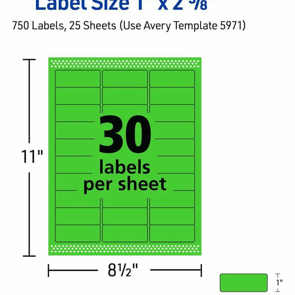 Avery High-Visibility Permanent Laser ID Labels, 5971, 1" x 2 5/8", Neon Green, Pack Of 750
