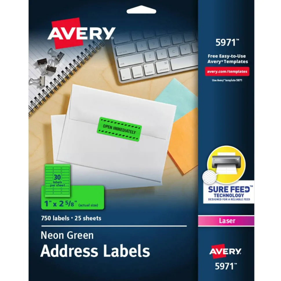 Avery High-Visibility Permanent Laser ID Labels, 5971, 1" x 2 5/8", Neon Green, Pack Of 750
