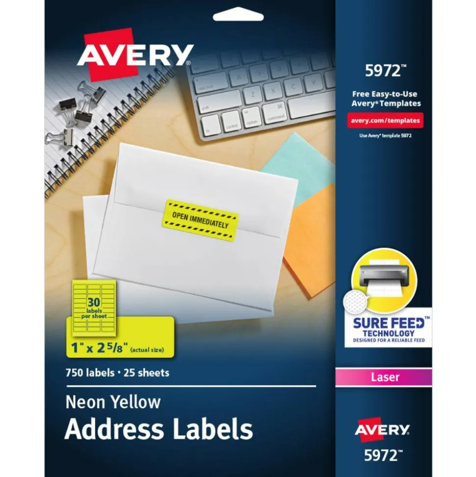 Avery High-Visibility Permanent Laser ID Labels, 5972, 1" x 2 5/8", Yellow, Pack Of 750