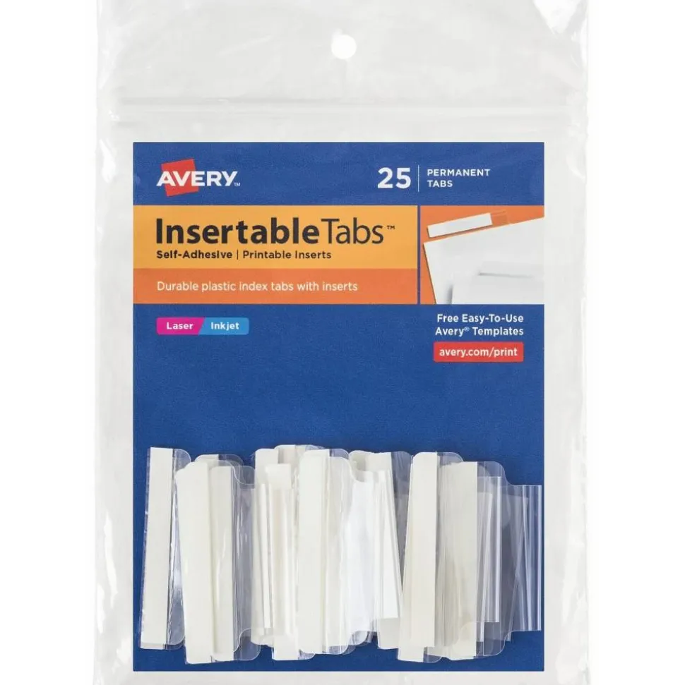 Avery Insertable Self-Adhesive Index Tabs With Printable Inserts, 1.5", Clear, Pack Of 25
