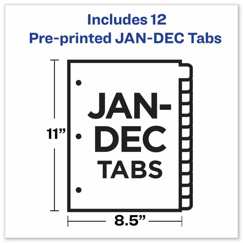 Avery Jan-Dec Dividers For 3 Ring Binders, 8-1/2" x 11", 12-Tab Set, Pre-Printed Black Leatherette Tabs, 1 Binder Divider Set (11351)