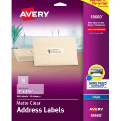 Avery Matte Address Labels With Sure Feed Technology, 18660, Rectangle, 1" x 2-5/8", Clear, Pack Of 300 Labels