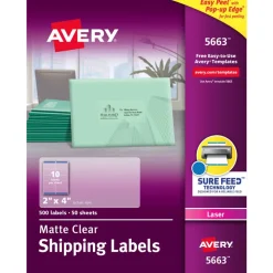 Avery Matte Shipping Labels With Sure Feed Technology, 5663, Rectangle, 2" x 4", Clear, Pack Of 500