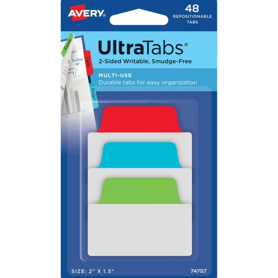 Avery Multiuse Ultra Tabs, 2-Side Writable, 2" x 1.5", Red/Blue/Green, Pack Of 48 Repositionable Tabs