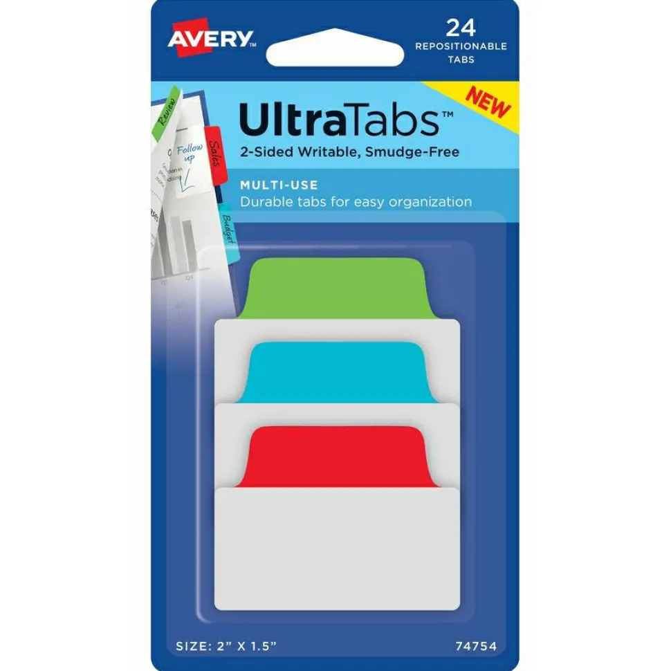 Avery Multiuse Ultra Tabs, 2-Side Writable, 2" x 1.5", Red/Blue/Green, Pack Of 48 Repositionable Tabs