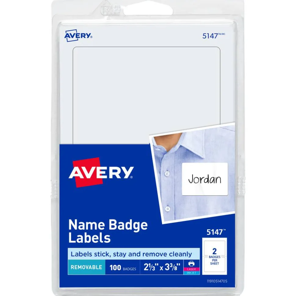 Avery Name Tags, 05147, 2-1/3" x 3-3/8", White, 100 Removable Name Badges