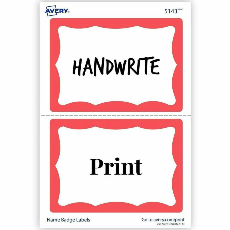Avery Name Tags, 05143, 2-1/3" x 3-3/8", White With Red Border, 100 Removable Name Badges