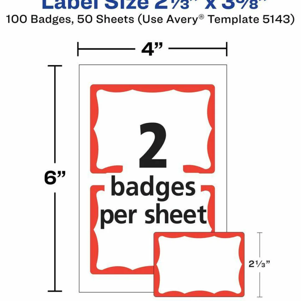Avery Name Tags, 05143, 2-1/3" x 3-3/8", White With Red Border, 100 Removable Name Badges