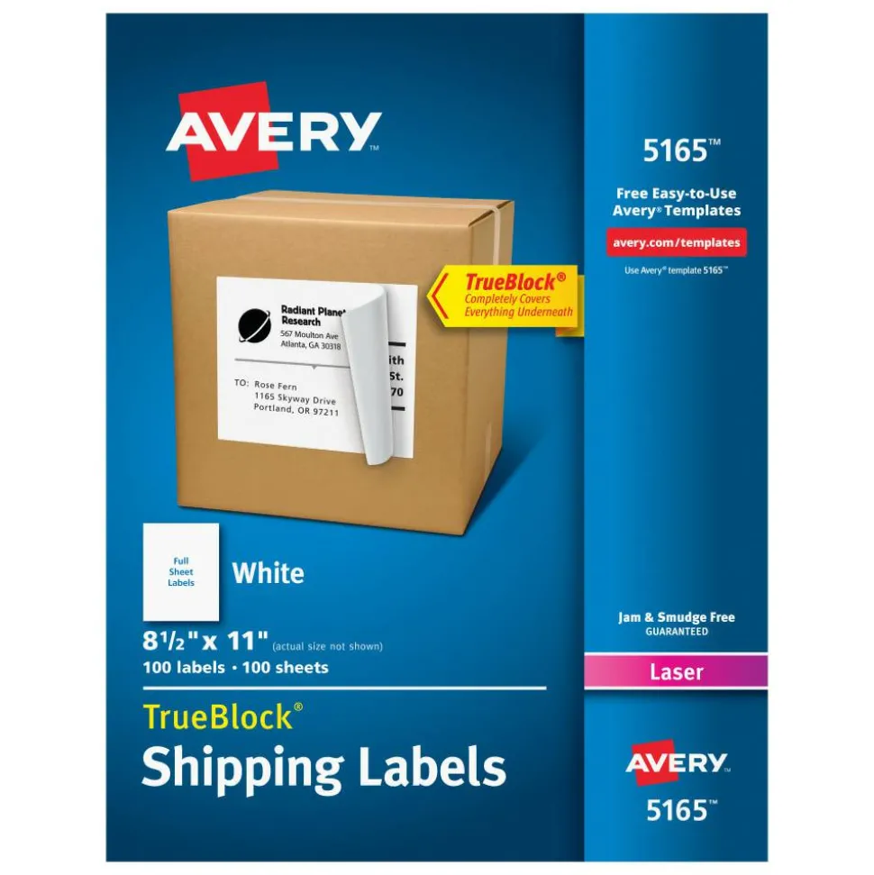 Avery Permanent Full-Sheet Labels, 5165, Laser, 8 1/2" x 11", White, Box Of 100