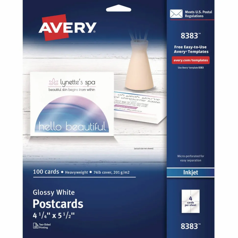 Avery Photo-Quality Printable Postcards, Inkjet, 74 lb, 4.25 x 5.5, Glossy White, 100 Cards, 4 Cards/Sheet, 25 Sheets/Pack