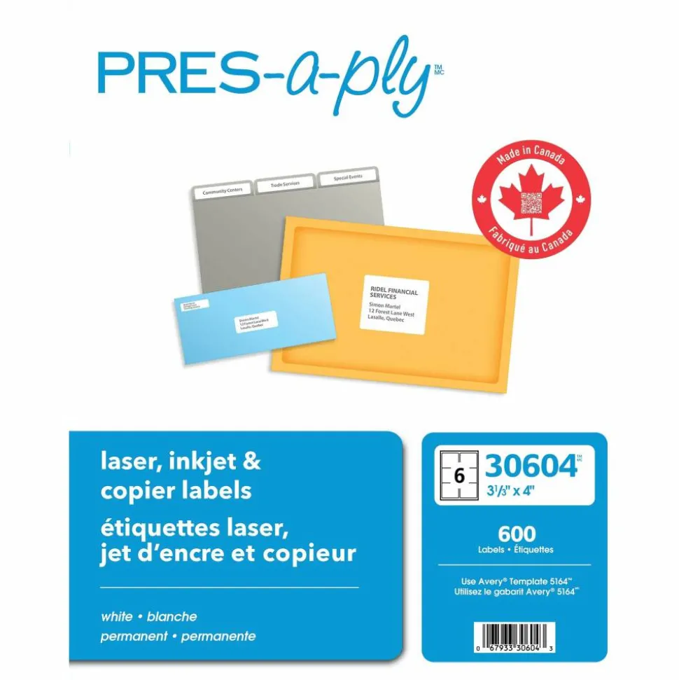 Avery PRES-a-ply Labels for Laser and Inkjet Printers, AVE30604, Rectangle, 3 1/3"W x 4"L, White, Box Of 600