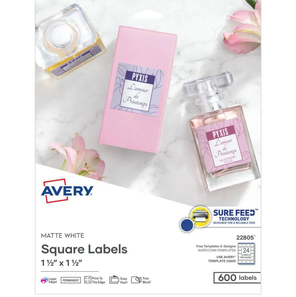 Avery Printable Blank Labels, 22805, Square, 1.5" x 1.5", White, Pack Of 600