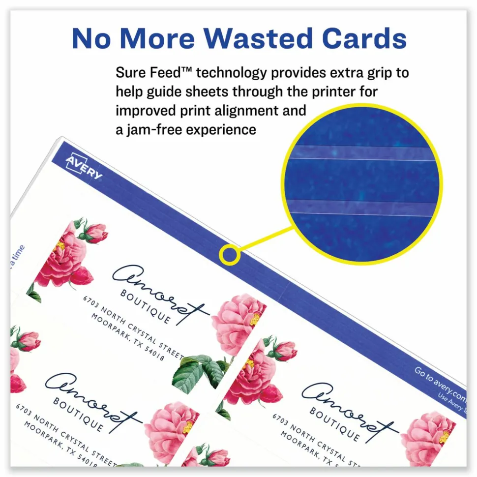 Avery Printable Business Cards With Sure Feed Technology For Inkjet Printers, 2" x 3.5", White, 250 Blank Cards